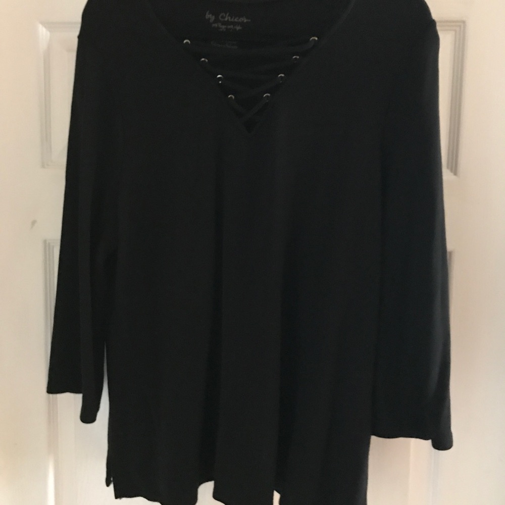 Chicos black top with lace front neck. Size 3